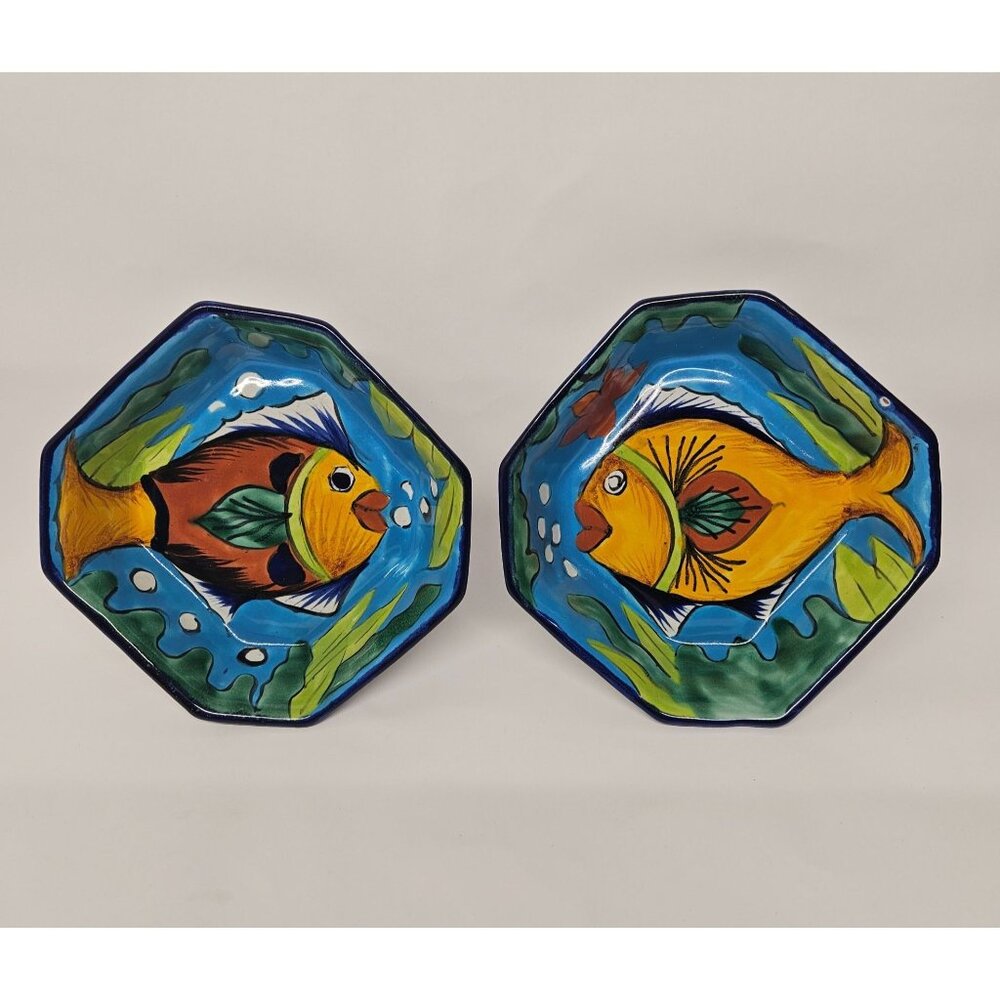 Mexican Talavera Pottery Octagon 7 Inch Bowls Dish Fish Motif Signed R Venegas